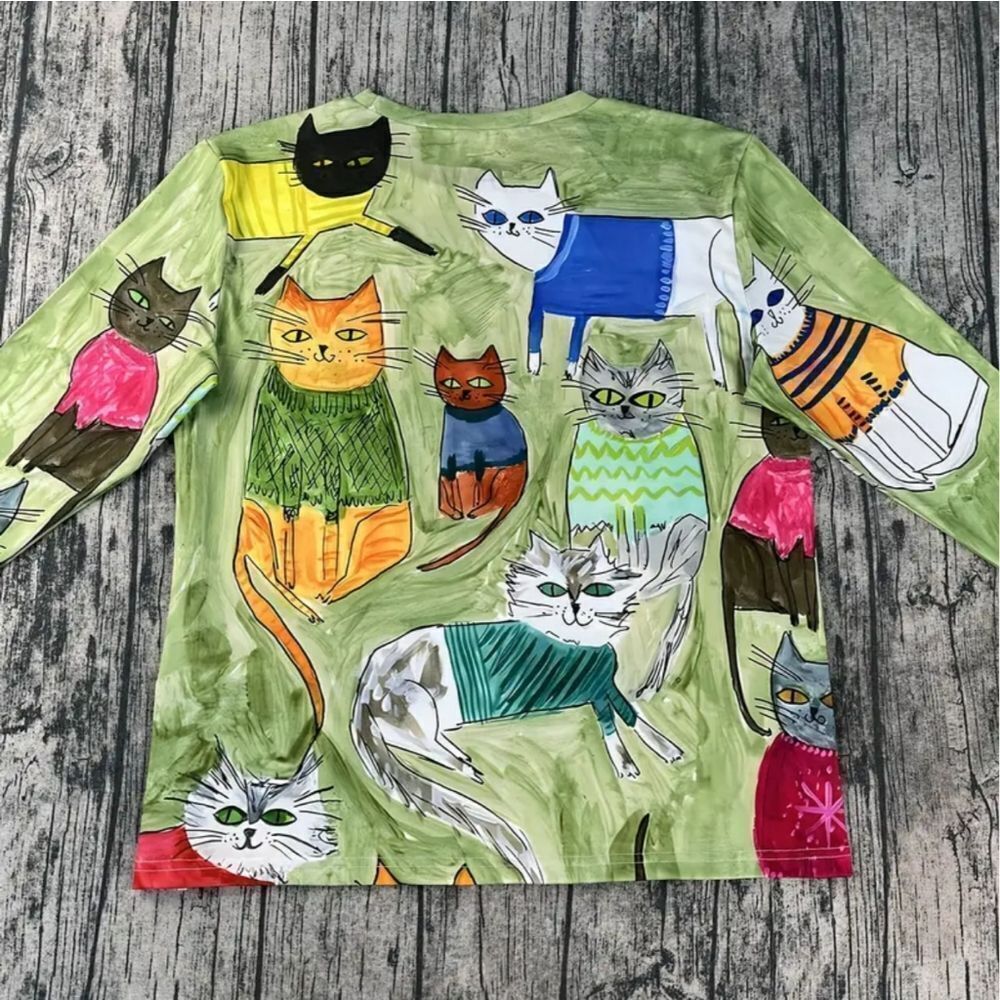 Adorable "Crazy Cat Lady" Polyester Knit Crew Neck Top Sz 22 - Picture 2 of 5